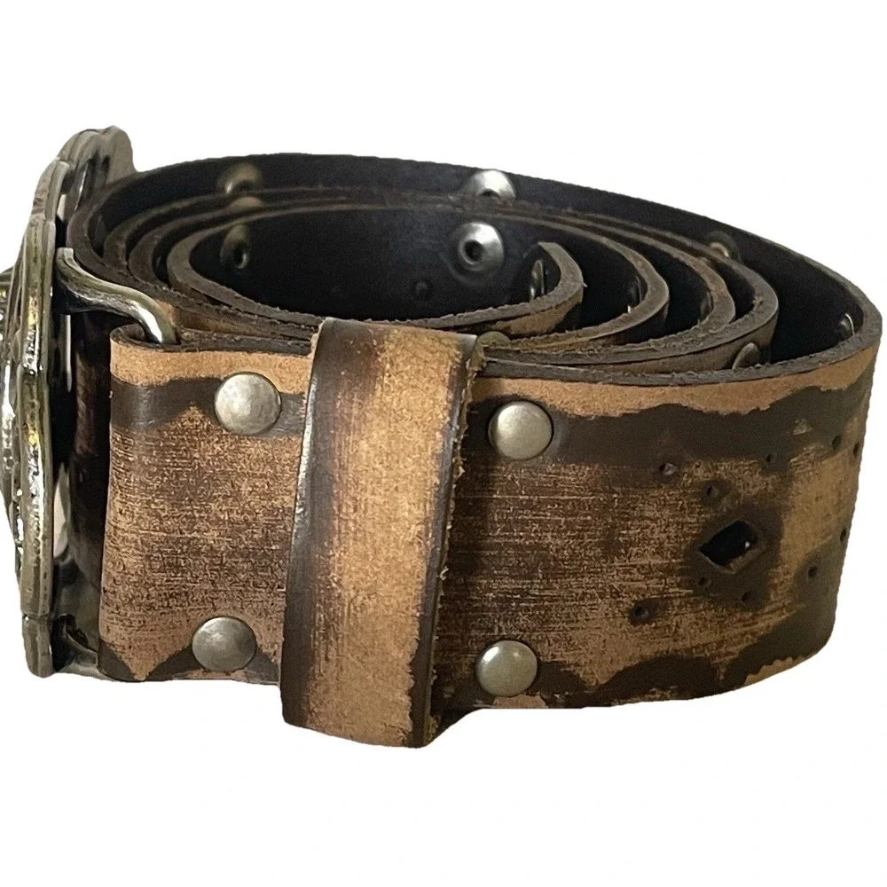 Western Vegan Leather‎ Belt Turquoise Concho Buckle Distressed Boho Southwestern
